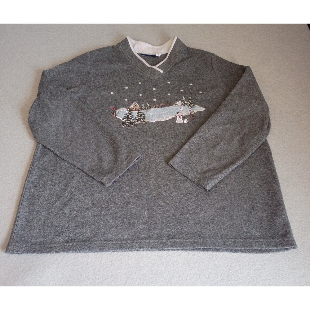 Fleece Pullover Top Women's Size 2X Gray Winter Embroidered V-Neck Grandmacore